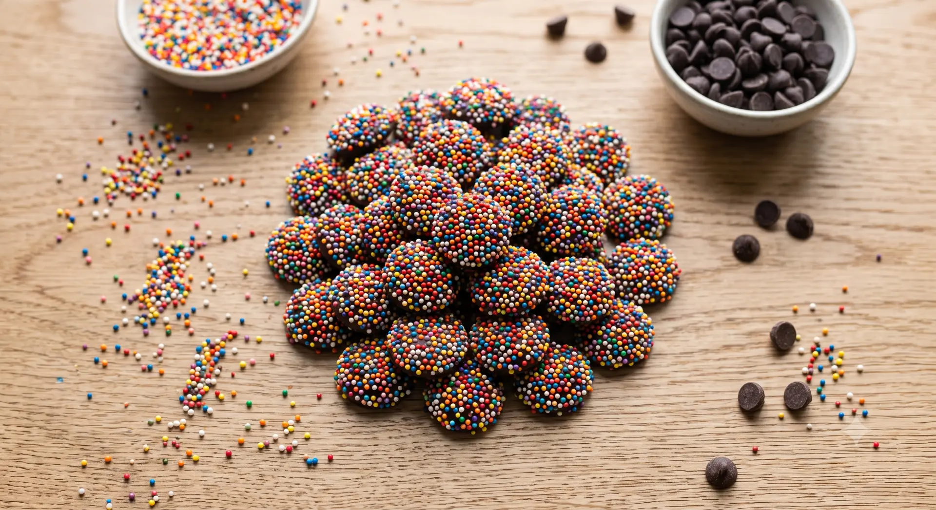 Rainbow non-pareils piled on a wooden surface