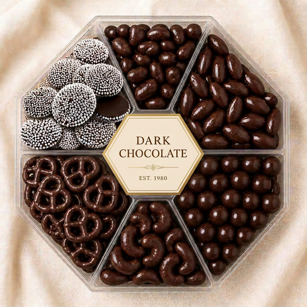Dark chocolate gift platter with white-seeded nonpareils, chocolate nuts, raisins, and pretzels