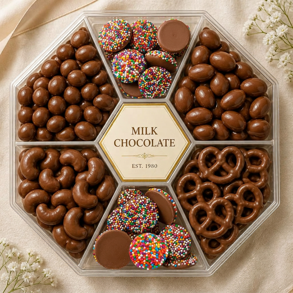 Milk chocolate gift platter with rainbow nonpareils, chocolate nuts, raisins, and pretzels