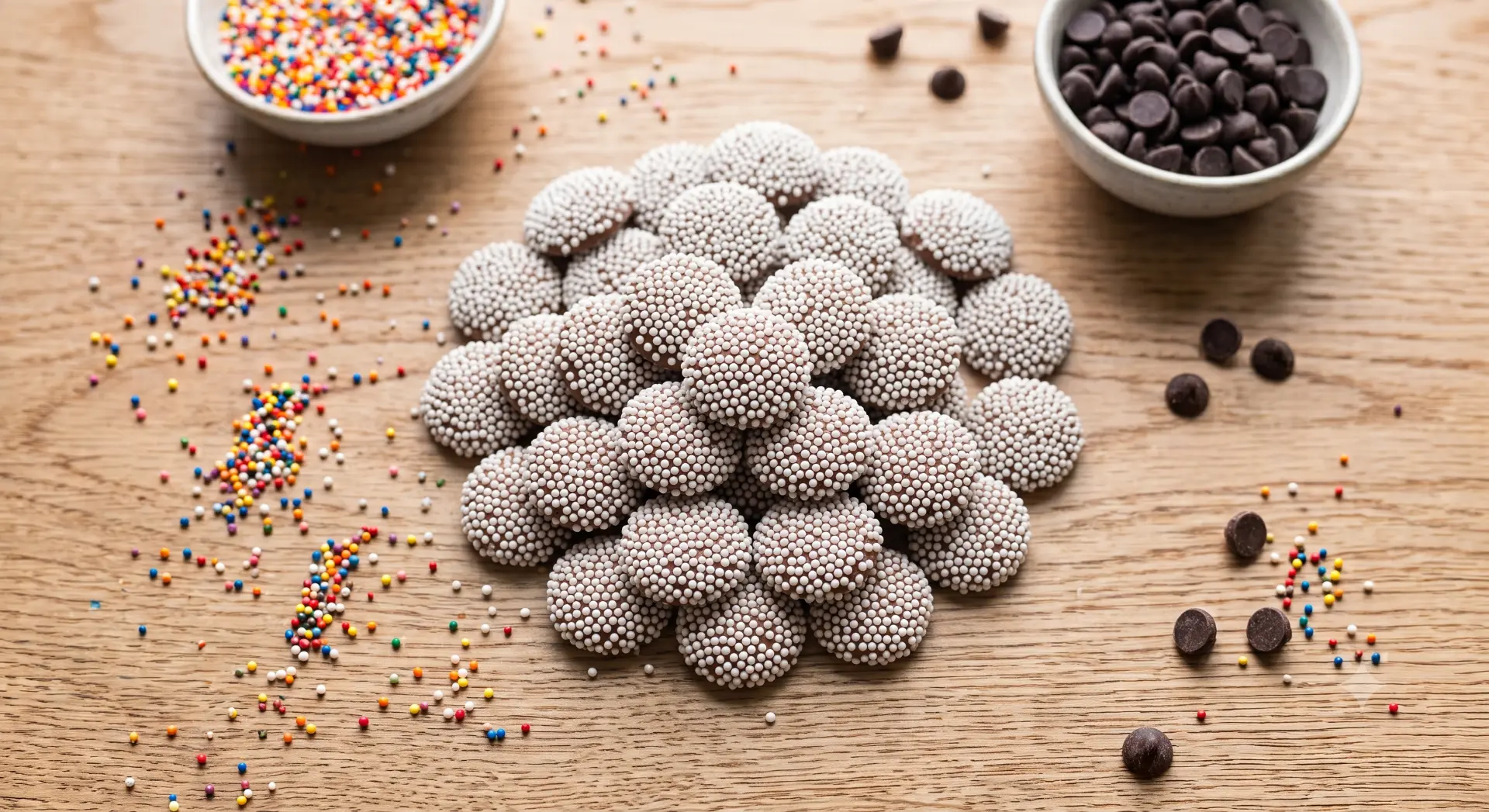 White non-pareils piled on a wooden surface