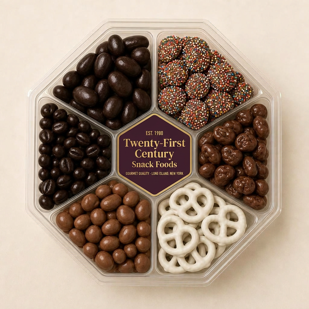 Private label chocolate and nut combination platter — chocolate almonds, nonpareils, raisins, pretzels and espresso beans