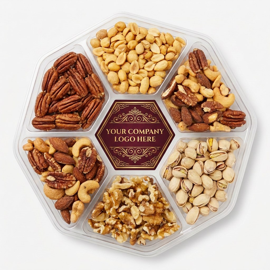 Private label gourmet nut gift platter with branded center label